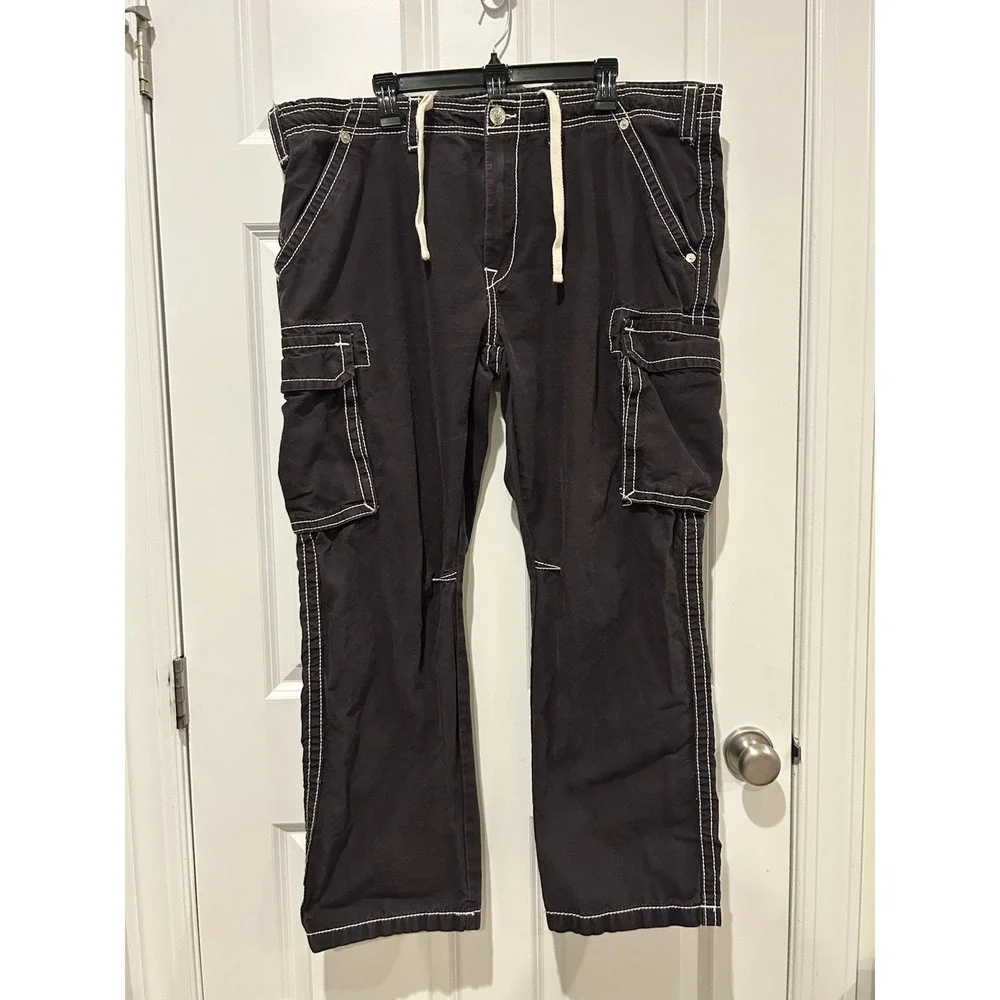 True Religion Black Big T Classic Cargo Pants Men's 40x30 Y2K Drawstring Baggy